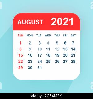 Flacher Symbolkalender August 2021 auf blauem Hintergrund. 3d-Rendering Stockfoto