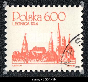 Eine in Polen gedruckte Briefmarke zeigt Legnica 1744, Polen, um 1981 Stockfoto