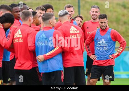 Der belgische Jan Vertonghen, der belgische Dries Mertens, der belgische Toby Alderweireld und der belgische Eden Hazard, die während einer Trainingseinheit des Bel abgebildet wurden Stockfoto