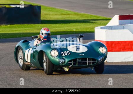 Aston Martin DBR1-Oldtimer-Rennen beim Goodwood Revival, gefahren von Bobby Verdon-Roe in der Sussex Trophy. Chassis DBR1/2 Baujahr 1957 Stockfoto