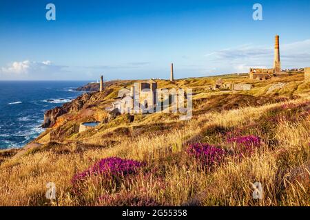 Levant Mine und cornish Motorhäuser, mit dem Pendeen Leuchtturm in der Ferne, in der Nähe von Pendeen in Cornwall. Stockfoto