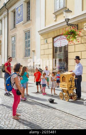 Ljubljana, Slowenien - 15. August 2018: Touristen, die eine traditionelle Musikaufführung in einer Straße des historischen Zentrums beobachten Stockfoto