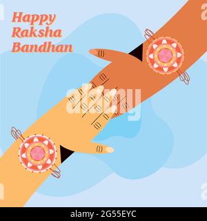 Hände mit raksha bandhan Armband auf blauem Hintergrund Stock Vektor