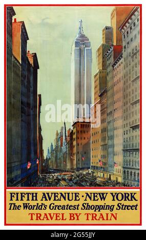 Fifth Avenue. New York. Die größte Einkaufsstraße der Welt. Anreise mit dem Zug von Frederic Kimball Mizen (1888-1964). Restauriertes Vintage-Poster, das 1932 in den USA veröffentlicht wurde. Stockfoto