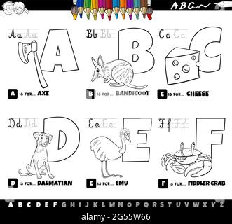Schwarz-Weiß-Cartoon-Illustration von Großbuchstaben aus Alphabet Lernset zum Lesen und Schreiben Praxis für Kinder aus A bis F Färbung b Stock Vektor