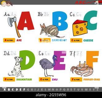 Cartoon Illustration von Großbuchstaben aus Alphabet pädagogischen Satz für Lesen und Schreiben Praxis für Kinder von A bis F Stock Vektor