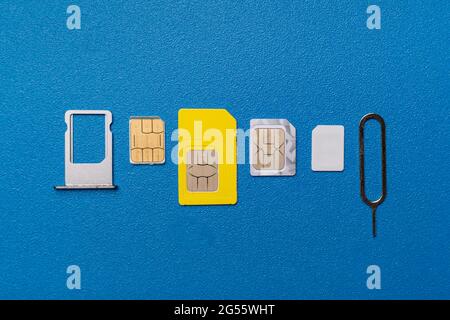 Drei verschiedene sim-Karten - Nano-, Micro-, Mini- und normale sim-, 5g- oder 4g-Funktechnologie Stockfoto