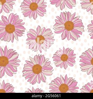 Nahtloses Muster aus weiß-rosa Gänseblümchen mit gelber Mitte und hellrosa Polka-Punkt auf weißem Hintergrund. Dekorativer Druck für Tapeten, Verpackungen, Textilien, Modestoffe. Stock Vektor