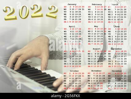 Kalender für 2022, Musikerhand und -Schlüssel. Wandposter. Kalender für das Jahr Stockfoto
