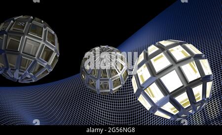 Abstrakter Hintergrund mit einem Kugellicht über einer blauen Rasterfläche - 3D-Darstellung Stockfoto