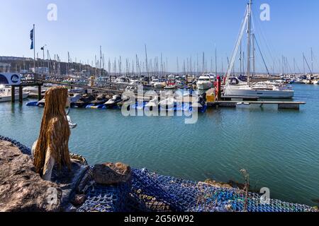 Diese wunderbare Meerjungfrau-Statue hält ein wachsames Auge über die Boote und Yachten in der Brixham Marina in South Devon. Stockfoto