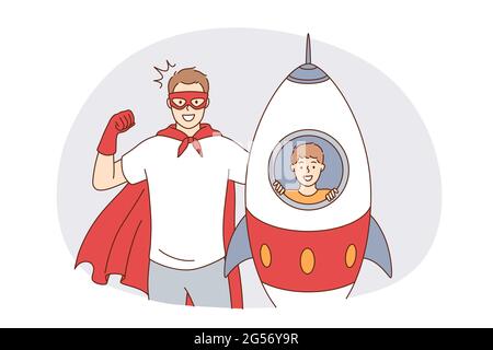 Glückliche Vaterschaft und Kindheitskonzept. Glücklich lächelnder Vater Mann in Superhelden-Kostüm und sein Sohn in Spielzeug Rakete spielen Blick auf Kamera Gefühl aufgeregt zusammen Vektor-Illustration Stock Vektor
