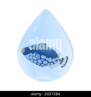 Wassertropfen mit Fischen im Inneren isoliert auf weißem Hintergrund. Tropische Fische im Wassertropfen. Weltwassertag. Lifestyle-Konzept.Stock Vektor-Illustration Stock Vektor