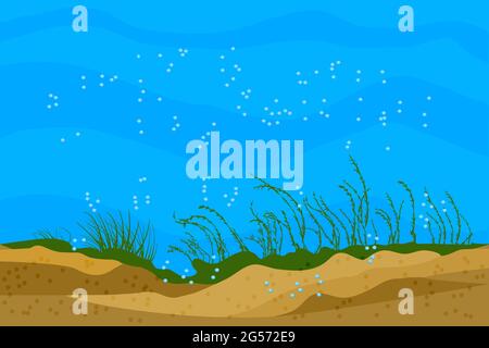 Meeresboden. Unterwasser-Hintergrund mit Gras Silhouetten und glänzenden Luftblasen. Unterwasser-Cartoon-Szene. Tiefsee-Meereslandschaft. Meereslandschaft. Vektor Stock Vektor