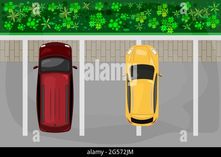 Schlechter Parkplatz. Parkplatz mit schlecht geparktem Auto. Autos Draufsicht. Stadtparkplatz und schlecht geparktes Fahrzeug.falsch geparkte Autos.Vektor-Abbildung Stock Vektor