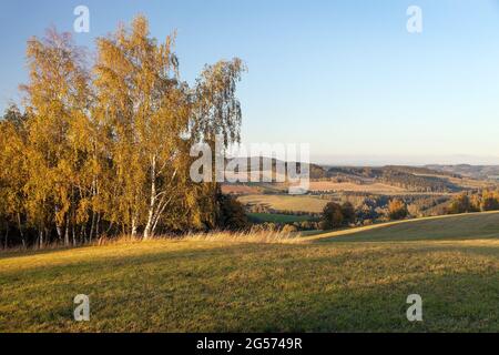 Herbstpanorama aus dem böhmischen und mährischen Hochland, dem Dorf Vecov, Zdarske vrchy, Tschechien Stockfoto