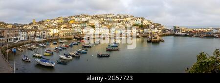 Panorama des Innenhafens von Brixham am frühen Morgen, südlich von Devon. Stockfoto