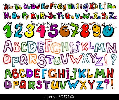Bunte Buchstaben. Fröhliche grafische Buchstaben. Lebhaftes, fröhliches Alphabet. Vektorgrafik Stock Vektor