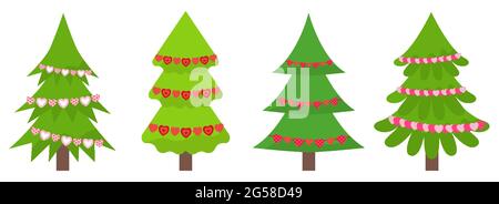 Weihnachtsbäume setzen Vektor flach mit Girlanden in Form von rosa und roten Herzen isoliert auf einem weißen Hintergrund. Bäume in verschiedenen Formen, bestehend aus 3 Teilen. Für Grußkarten, Zimmerdekoration Stock Vektor