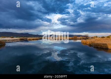 USA, Idaho, Bellevue, Spiegelung des stürmischen Himmels im Teich in der Nähe des Sun Valley Stockfoto