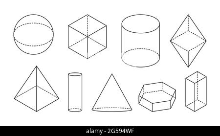 Volumetrische geometrische Grundformen. Schwarze lineare einfache 3d-Figur mit gestrichelten unsichtbaren Formlinien. Isometrische Ansichten von Kugel oder Würfel, Zylinder oder Pyramide und anderen. Isoliert auf weißer Vektorgrafik Stock Vektor