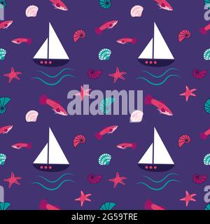 Helles Meeresmuster mit fantastischen Fischen, Schiffen, Seesternen und Muscheln Stock Vektor