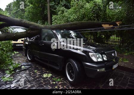 Lviv, Ukraine. Juni 2021. Nach einem starken Gewitter in der Stadt steht auf der Sichowych Striltsiv-Straße ein von einem fallenden Baum zerstörtes Auto. Kredit: SOPA Images Limited/Alamy Live Nachrichten Stockfoto