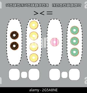 Entwicklung von Aktivitäten für Kinder, vergleichen Sie, welche mehr Gemüse sind so viel wie bunte Donuts. Logikspiel für Kinder, mathematische Ungleichheiten. Stock Vektor