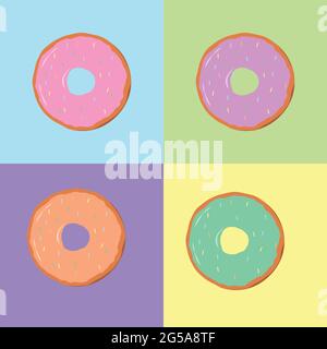 Satz von vektoriellen mehrfarbigen Donuts auf einem isolierten Hintergrund. Donuts Kollektion. Süße Donuts mit Zuckerguss und Streuseln. Stock Vektor