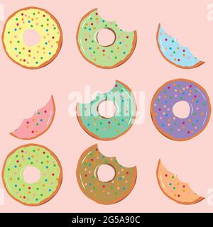 Nahtloses Muster mit Mund Biss Donuts auf einem isolierten Hintergrund. vektor-Illustration in flachem Stil Stock Vektor