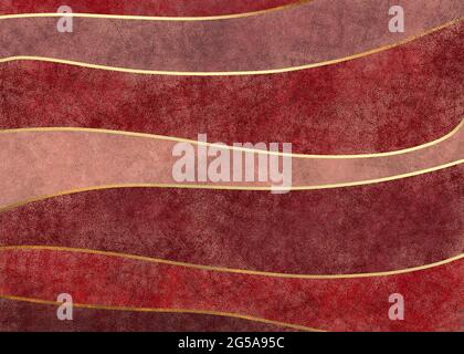 Abstrakter Aquarell grunge roter Hintergrund. Vintage-Illustration mit goldenen Wellen. Stockfoto