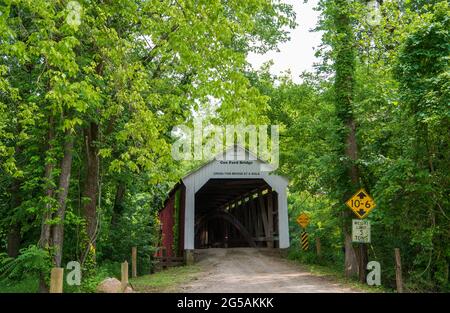 Cox Ford Covered Bridge überquert den Sugar Creek entlang des westlichen Randes des Turkey Run State Park, in Parke County, im US-Bundesstaat Indiana. Dieses Singl Stockfoto