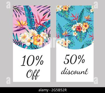 Verkauf von Spruchbändern, Plakaten. Schöne Vektor-Blumen Dschungel Sommer Hintergrund mit Tukan, Muster mit tropischen Vögeln auf einem Hintergrund von exotischen Hibiskus Stock Vektor