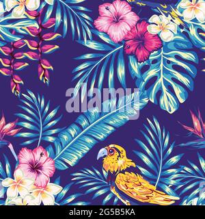 Hand-Zeichnung nahtlose Muster mit tropischen Vögeln auf dem Hintergrund der exotischen Hibiskusblüte und Palmblatt. Blumendruck im Sommer. Naturtiere Stock Vektor