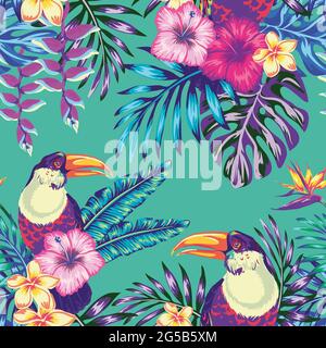 Tropischer Vogel-Tukan und mehrfarbiger Papagei auf dem Hintergrund exotischer Hibiskusblüten und Palmenblätter. Blumendruck im Sommer. Natur Tiere Wallpa Stock Vektor
