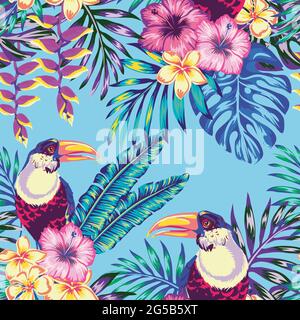 Tropischer Vogel-Tukan und mehrfarbiger Papagei auf dem Hintergrund exotischer Hibiskusblüten und Palmenblätter. Blumendruck im Sommer. Natur Tiere Wallpa Stock Vektor