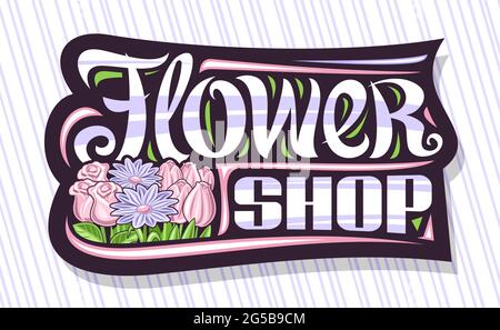 Vektor-Logo für Flower Shop, dunkle dekorative Tafel mit Illustration von Frühlingszwiebelblumen, Chrysanthemen und rosa Rosen mit grünen Blättern, Banner wi Stock Vektor