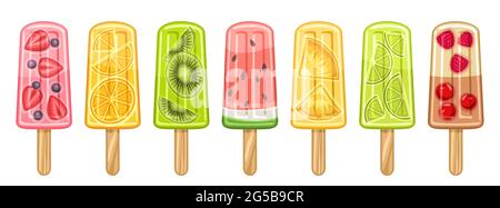 Vektor-Set von Fruit Popsicle, Lot-Sammlung von 7 ausgeschnittenen Illustrationen von Beeren- und Fruchteis, Banner mit einer Gruppe von Sorten fruchtige Popsicles f Stock Vektor