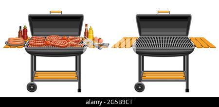 Vektor-Illustrationen von Barbecue Grills, bbq Grill mit gebratenen Schweinesteaks und schmackhaftem gegrilltem Gemüse, isolierter Barrel Grill mit leerem Rost und Stock Vektor