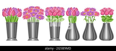 Vektor-Set von Blumen in Vasen, Lot Sammlung von sechs ausgeschnittenen Illustrationen von Blumensträußen in Edelstahl Eimer, Banner mit Gruppe von dekorativen V Stock Vektor