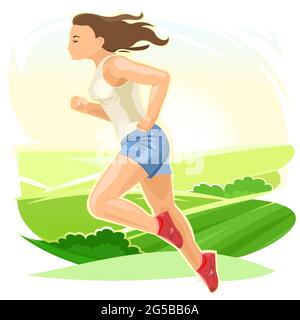 Mädchen läuft. Sportlauf. Fitness und gesunder Lebensstil. Flacher Cartoon-Stil. Die Läuferin trainiert vor dem Hintergrund der ländlichen Landschaft. Stockfoto