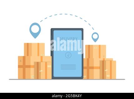 Telefonkonzept für die Online-Lieferung. Schnelle Lieferung von Paketen per Handy. Vektorgrafik Stock Vektor