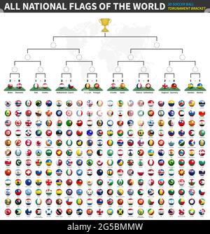 Alle Nationalflaggen der Welt . Turnierklammern der Fußball-Cup Champions League . 3D Ball und Flagge Muster auf perspektivische Ansicht Fußballfeld . D Stock Vektor