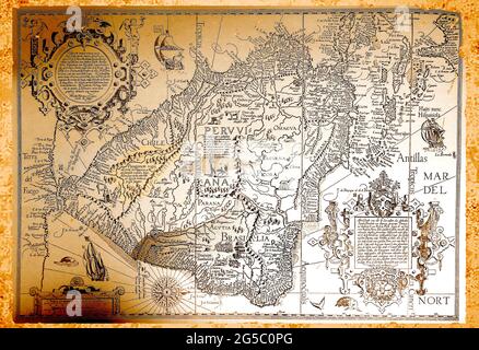 Eine alte Karte aus dem Jahr 1596 mit Teilen der modernen USA und Südamerikas, die Brasilien, Peru, Chile, Flüsse, frühe Ortsnamen, Inseln zeigt Stockfoto