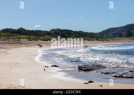 Australische Surfer am Avalon Beach in Sydney am frühen Morgen surfen, Sydney, NSW, Australien Stockfoto