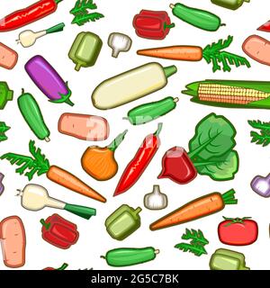 Gartengemüse. Flacher Cartoon-Stil. Isolierter Hintergrund. Zucchini, Gurken, Karotten, Paprika, Kartoffeln, Zwiebeln, Knoblauch, Kräuter, Rüben, Auberginen Stockfoto