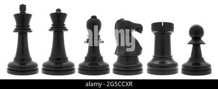 Schwarze Schachfiguren auf weißem Hintergrund Stockfoto