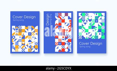 Cover-Design. Set aus drei abstrakten geometrischen vertikalen Postern. Spring Song. Natur Bunte Motive. Vektorgrafik Stock Vektor