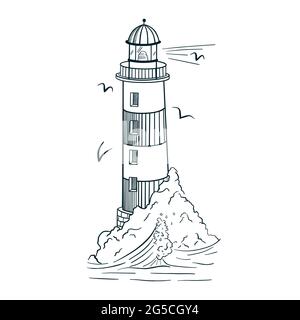 Line Art Leuchtturm Gravur Stil Vektor Illustration. Handgezeichnetes Vintage-Leuchtfeuer auf der Insel mit Wellen und Möwen für Logo, Tattoo, Emblem, Vorlage, Druck, Aufkleber, Poster, T-Shirt, Textil Stock Vektor