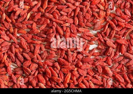 Detail Nahaufnahme von Goji-Beere (Wolfbeere - Lycium chinense) getrockneten Früchten Haufen von oben geschossen, weiß umwoben Brett sichtbar unter Stockfoto